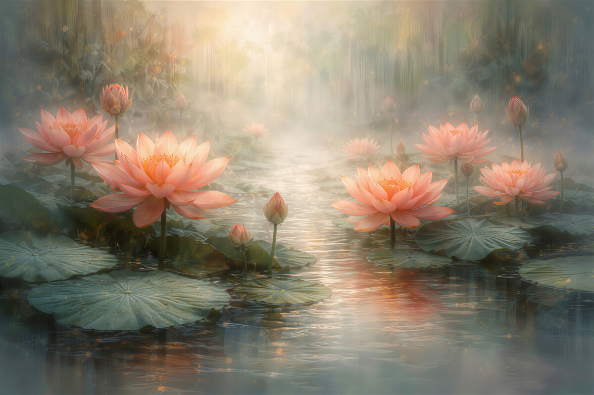 Fototapeten Lotusblumen auf mystischer Wasseroberfläche