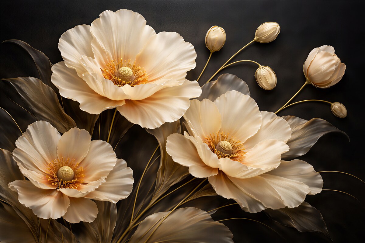 Fototapeten Goldene Blumen auf schwarzem Hintergrund