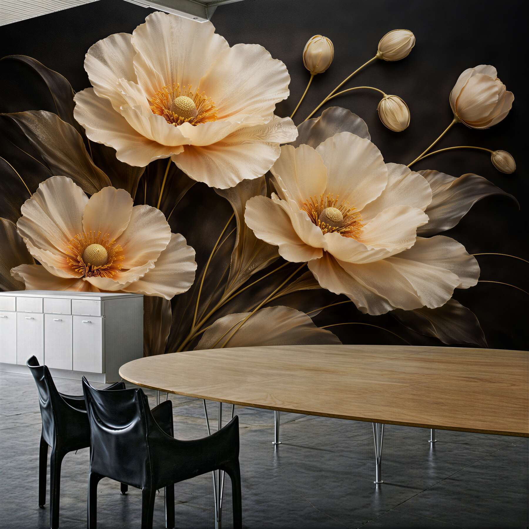 Fototapeten Goldene Blumen auf schwarzem Hintergrund