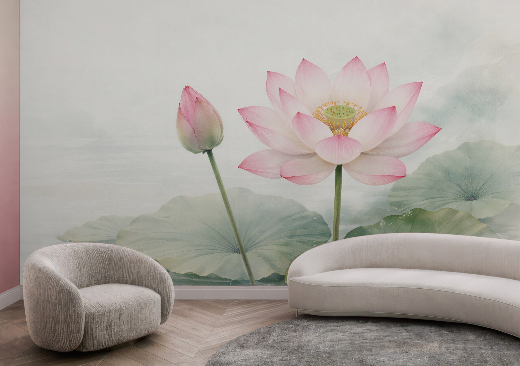 Fototapeten Rosa Lotus auf ruhigem Wasser