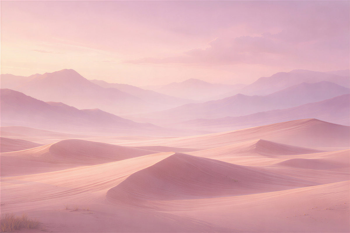 Fototapeten Rosa Dünen und Bergnebel