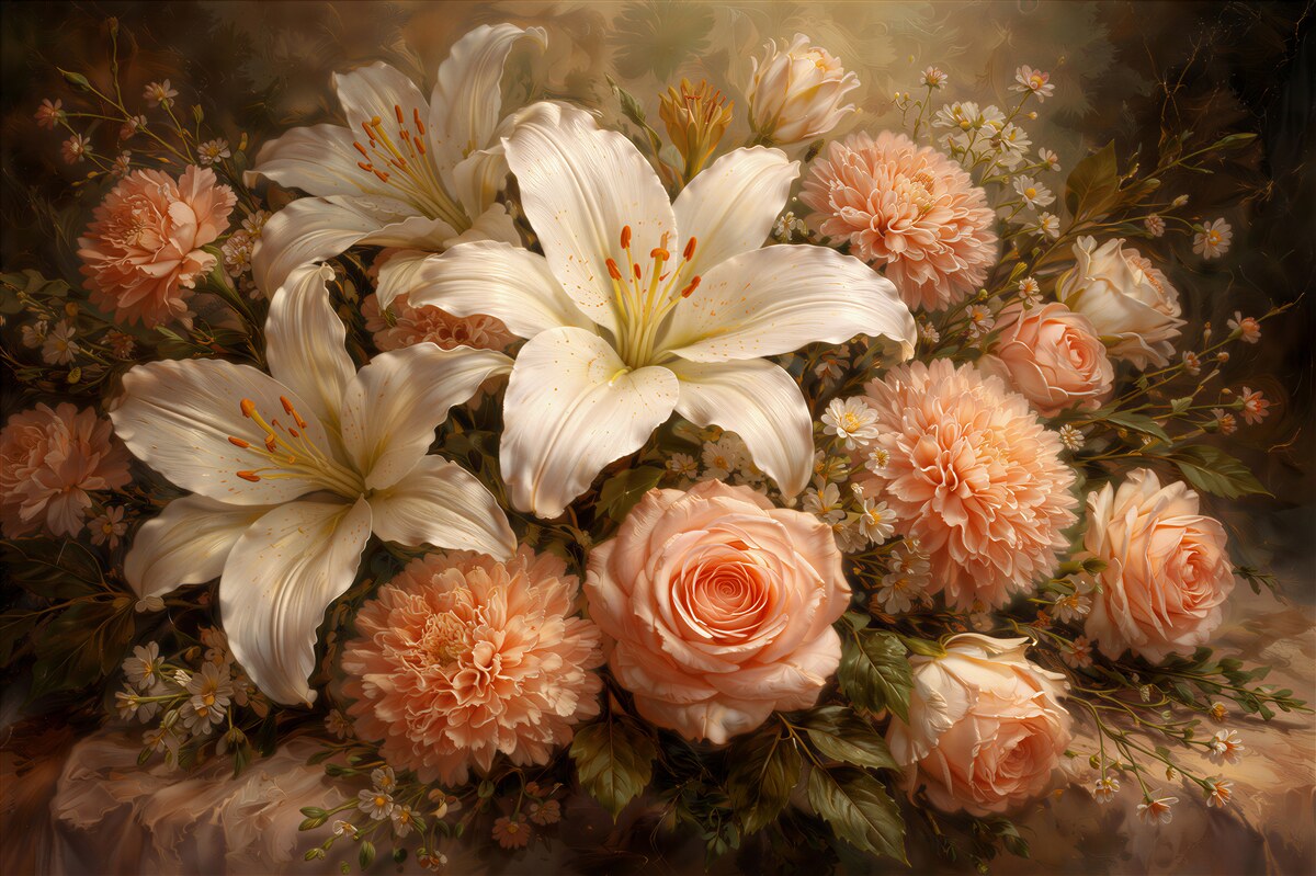 Fototapeten Eleganter Blumenstrauß aus Lilien und Rosen