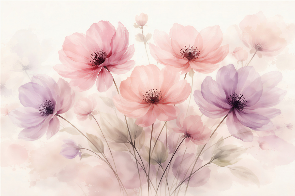 Fototapeten Pastellfarbene Blumen im Aquarellschleier