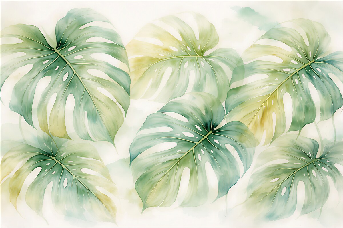 Fototapeten Aquarellierte Monstera-Blätter in Grün