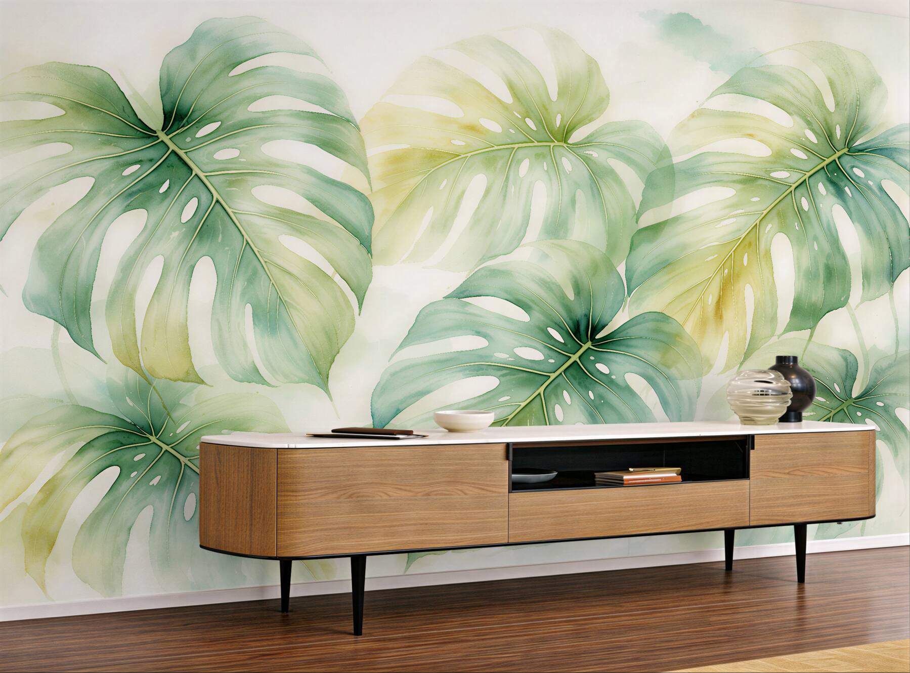 Fototapeten Aquarellierte Monstera-Blätter in Grün