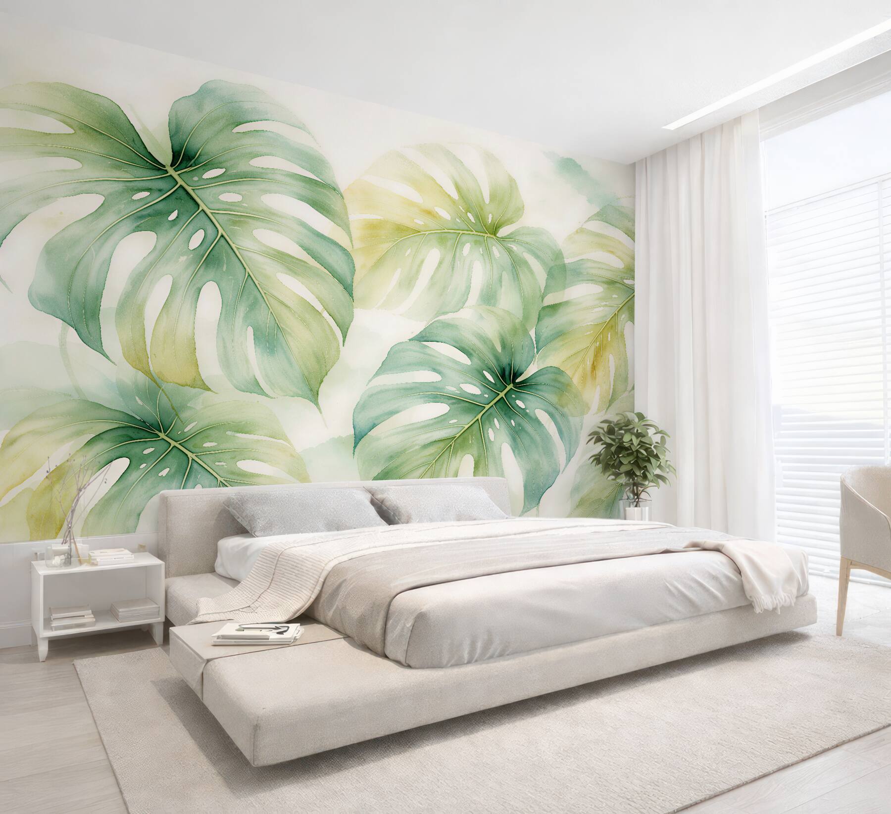 Fototapeten Aquarellierte Monstera-Blätter in Grün