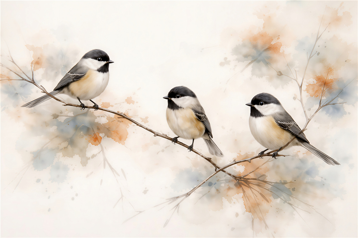 Fototapeten Drei Vögelchen auf einem Aquarellzweig