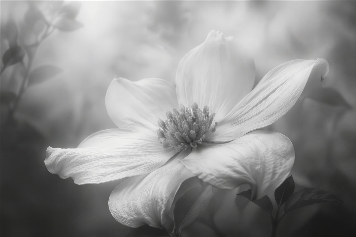 Fototapeten Weiße Blume im grauen Nebel