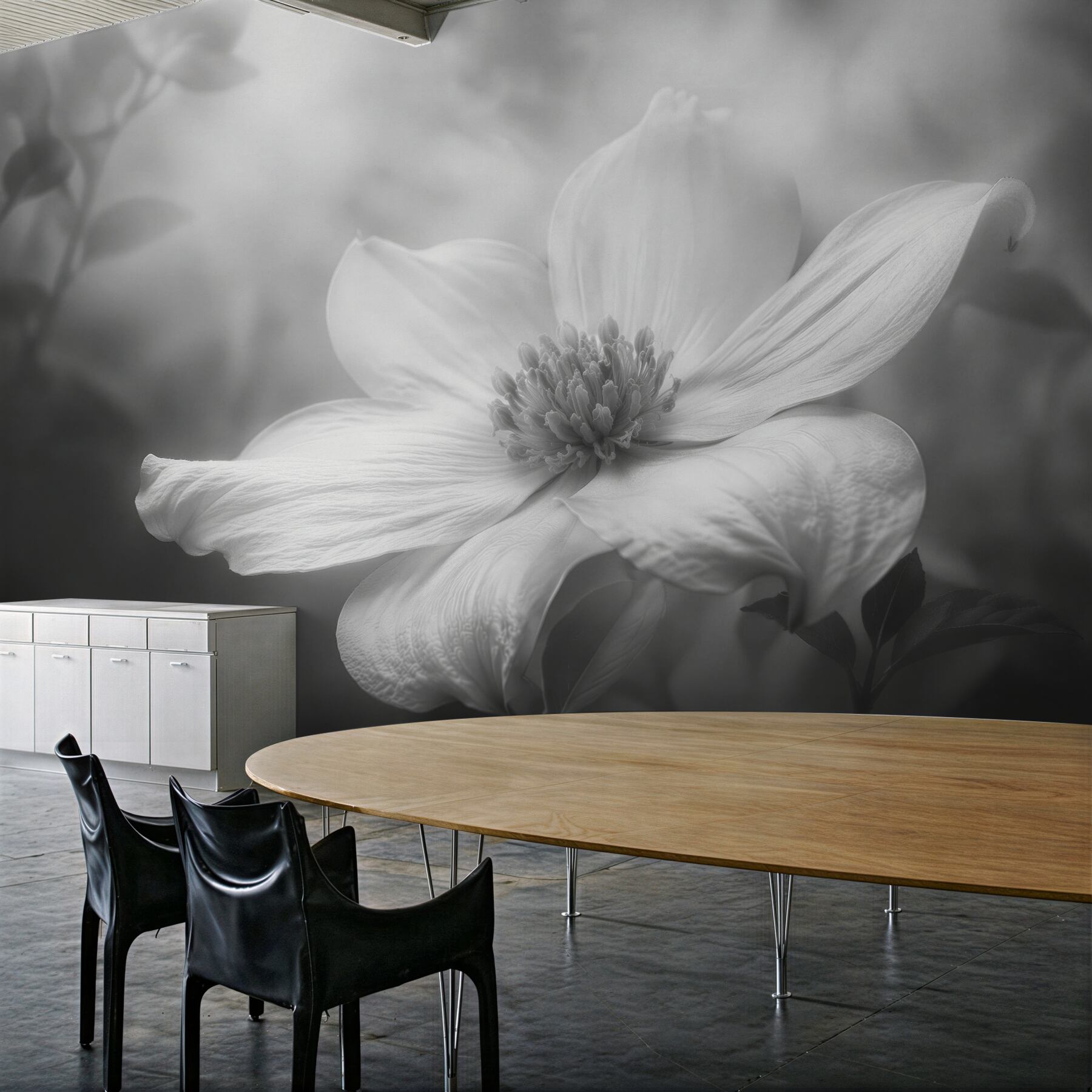 Fototapeten Weiße Blume im grauen Nebel
