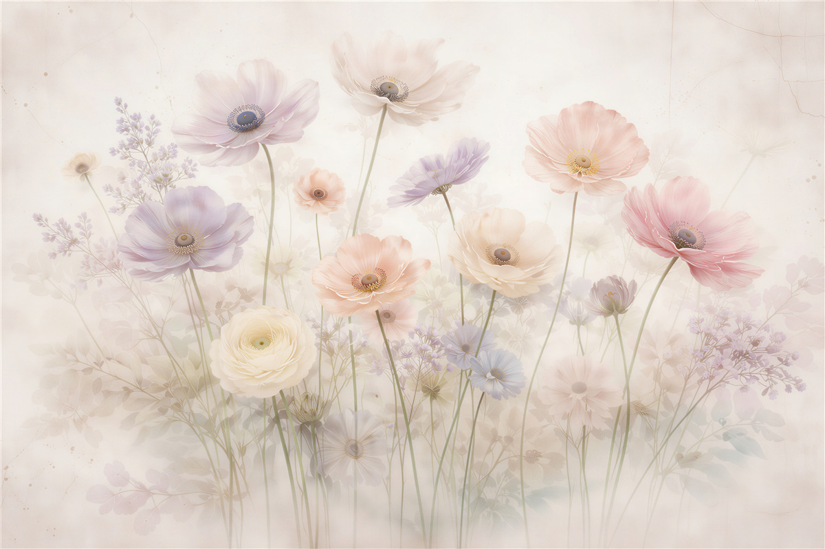Fototapeten Pastellwiese romantischer Blumen