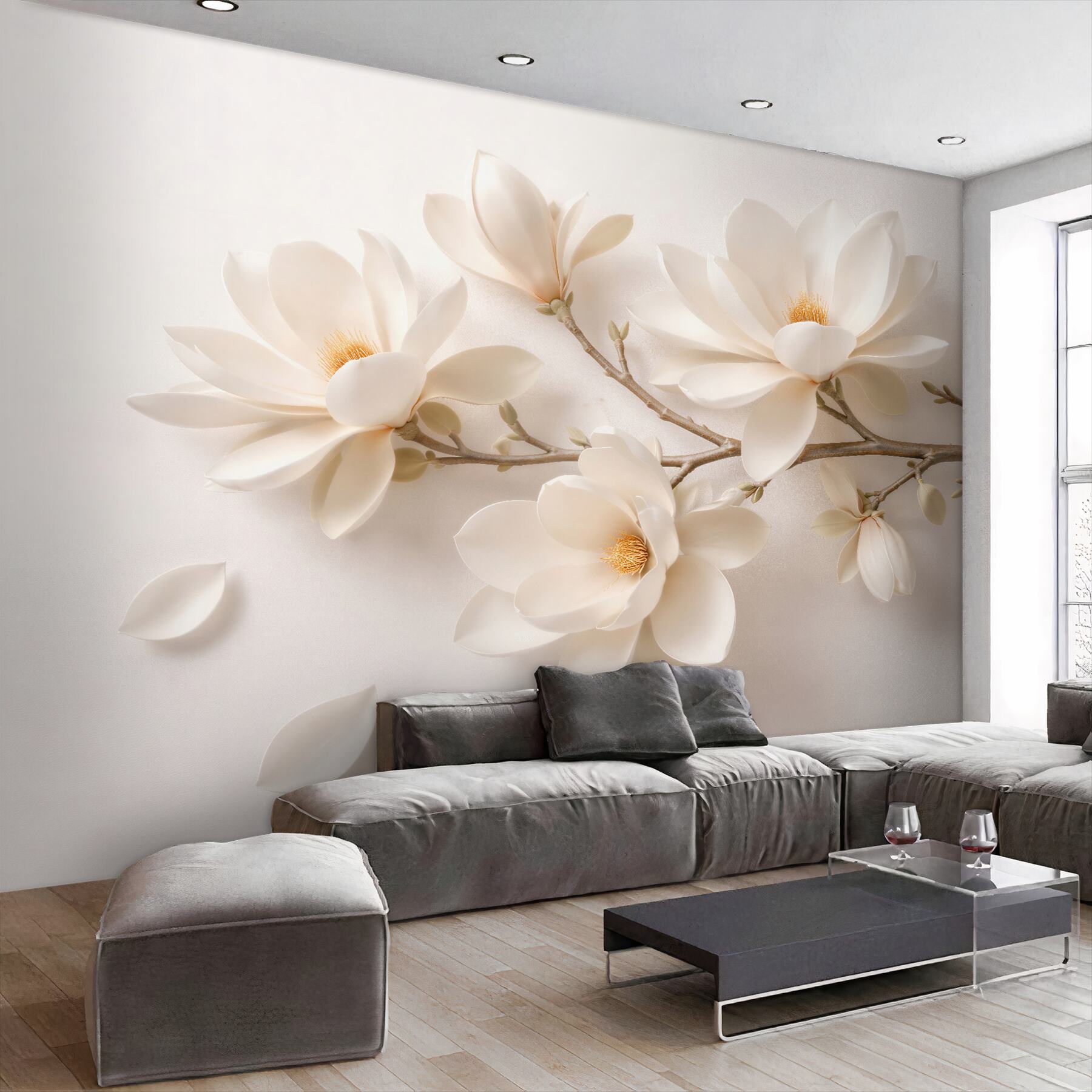 Fototapeten Cremefarbene 3D-Magnolie am Ast
