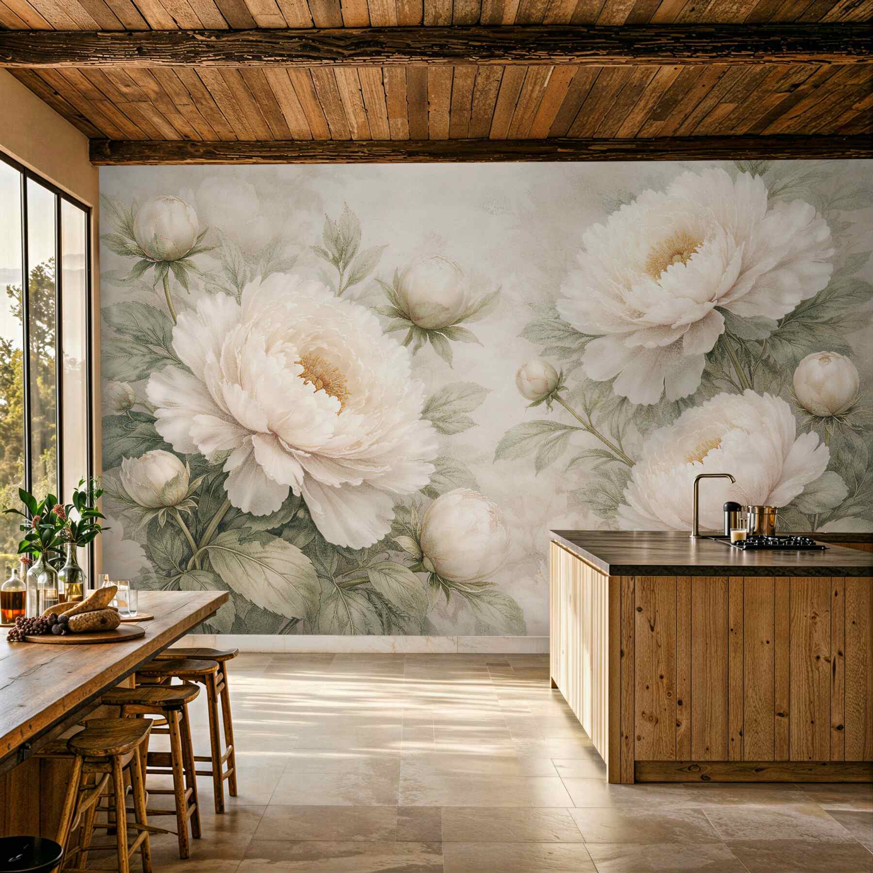 Fototapeten Cremefarbene Pfingstrosen in zarter Blüte