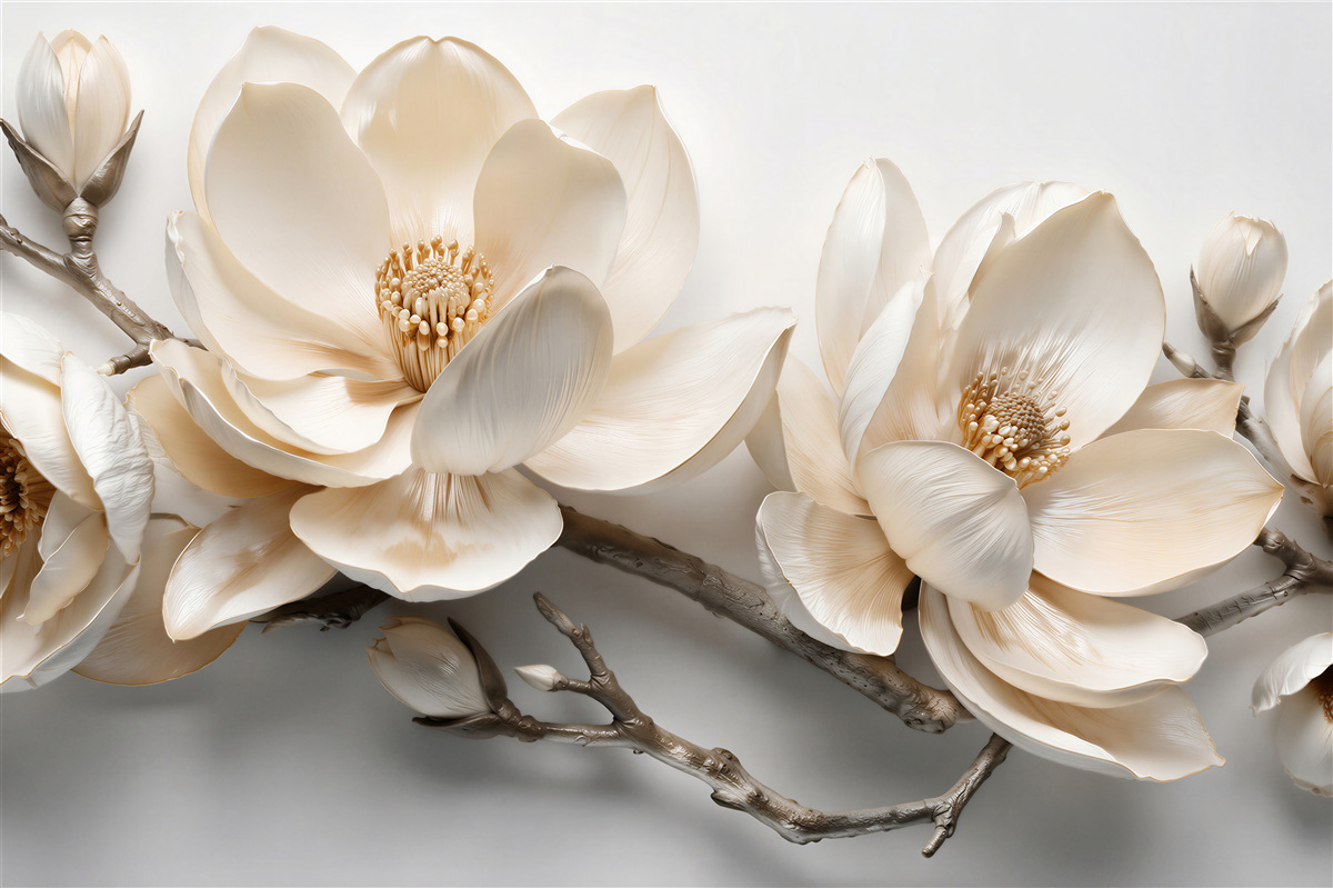 Fototapeten Cremefarbene Magnolien auf Zweigen