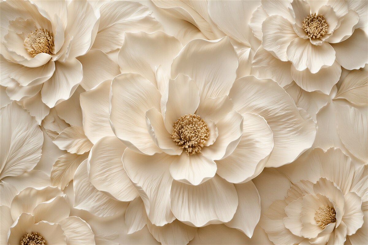 Fototapeten Luxuriöse Blumen im cremefarbenen Relief
