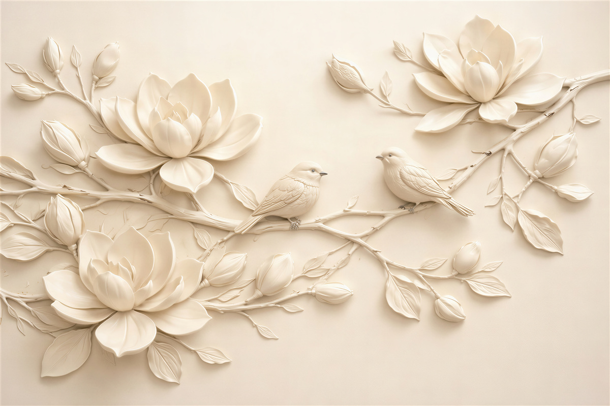 Fototapeten Cremefarbene Magnolien mit Vögeln