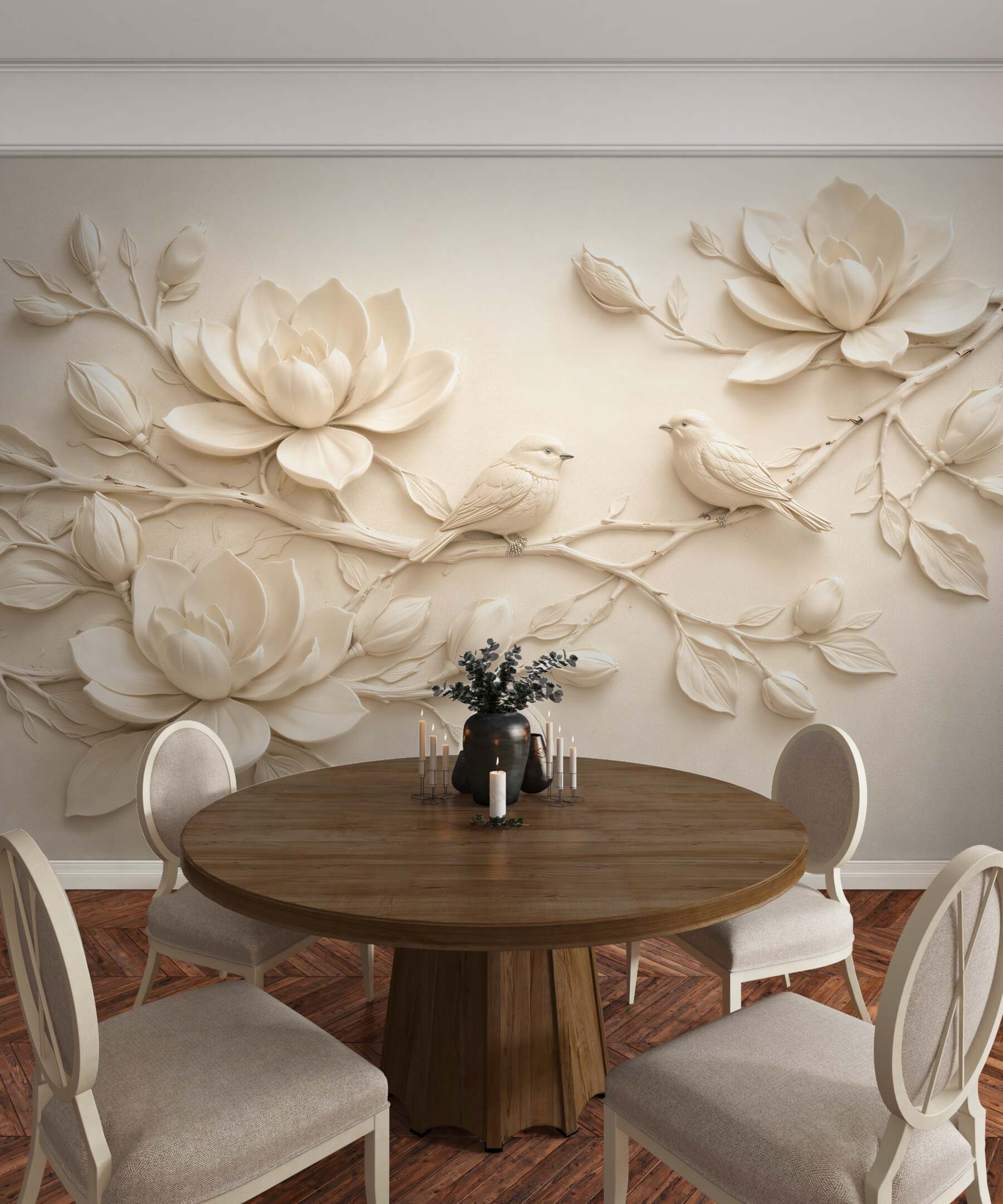 Fototapeten Cremefarbene Magnolien mit Vögeln