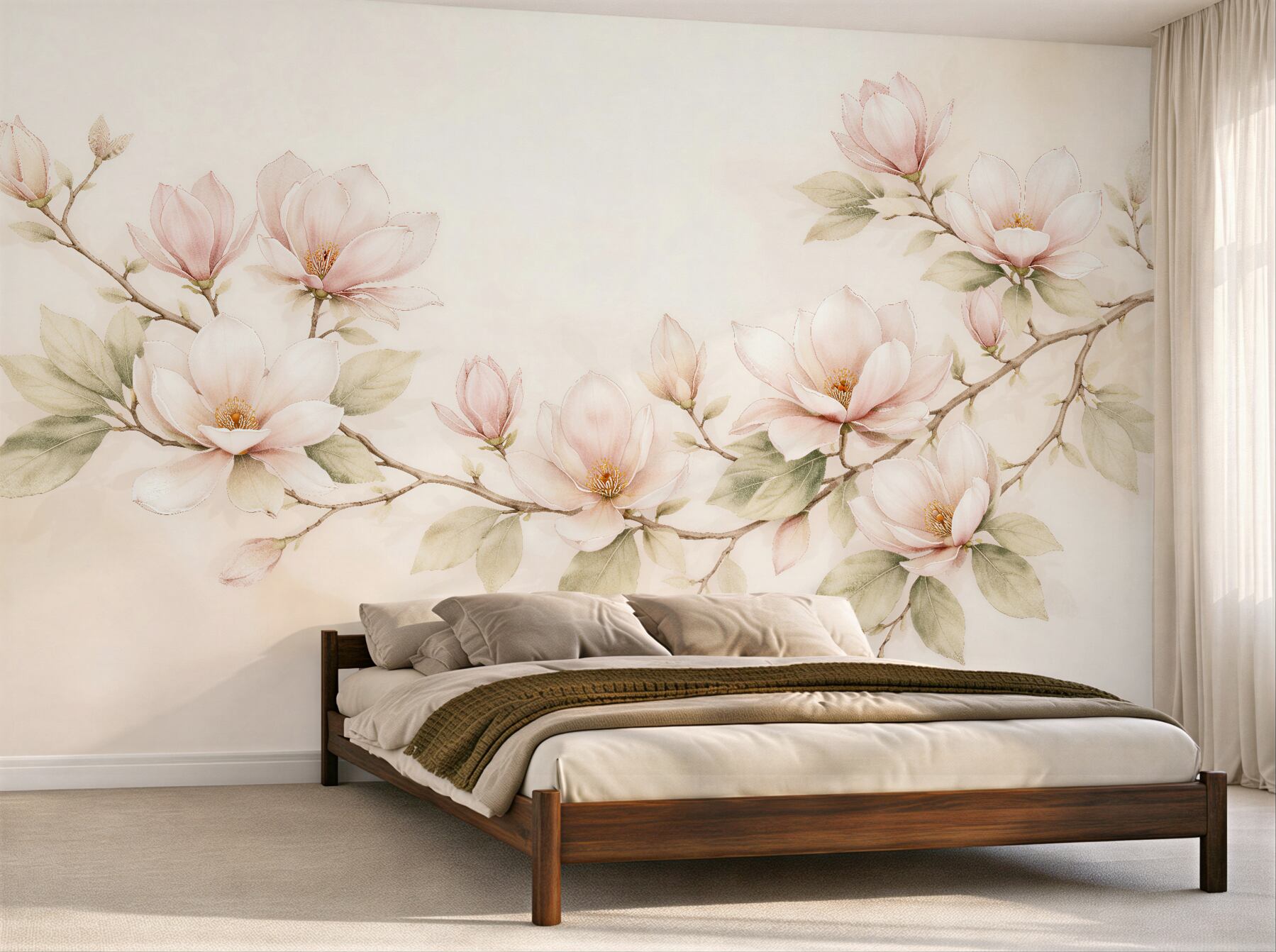 Fototapeten Pastellfarbene Magnolien auf einem zarten Zweig