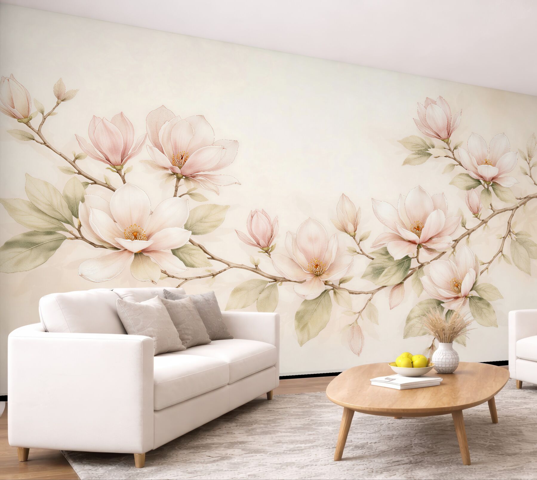 Fototapeten Pastellfarbene Magnolien auf einem zarten Zweig