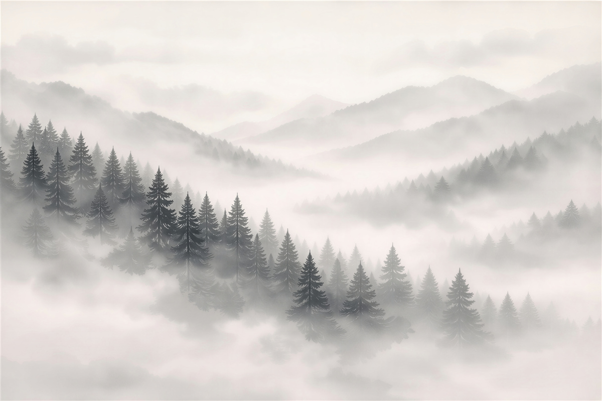 Fototapeten Nebeliger Wald in den Bergen