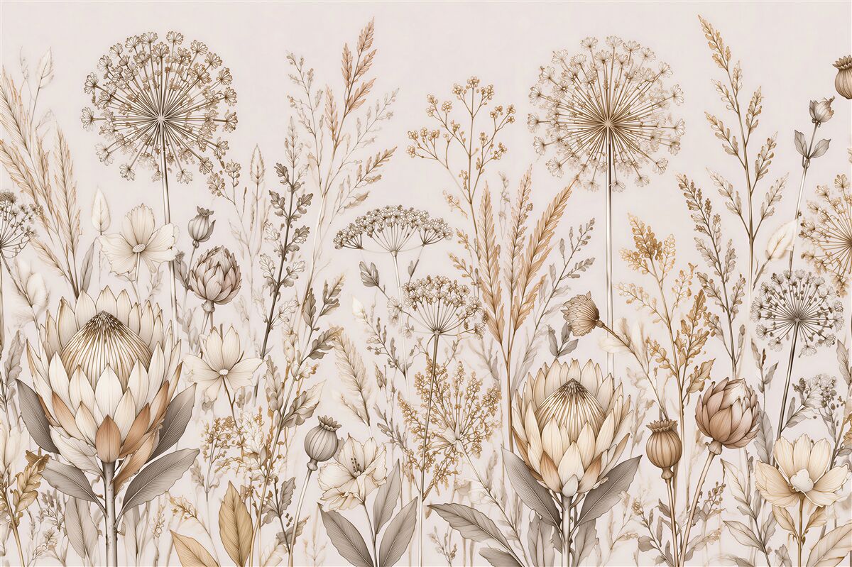 Fototapeten Goldene gezeichnete Wildblumen