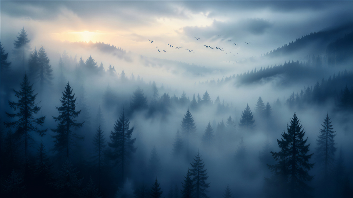 Fototapeten Nebeliger Wald im Morgengrauen