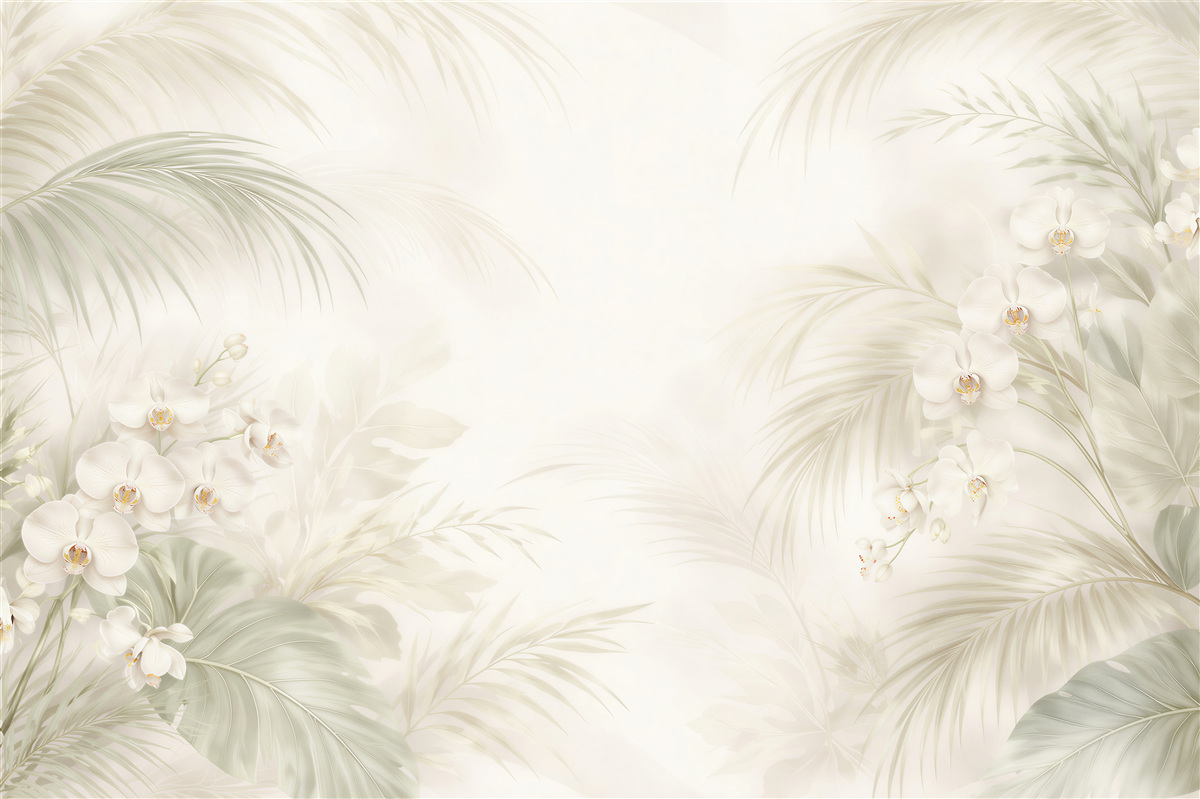 Fototapeten Cremefarbene Orchideen und Palmblätter