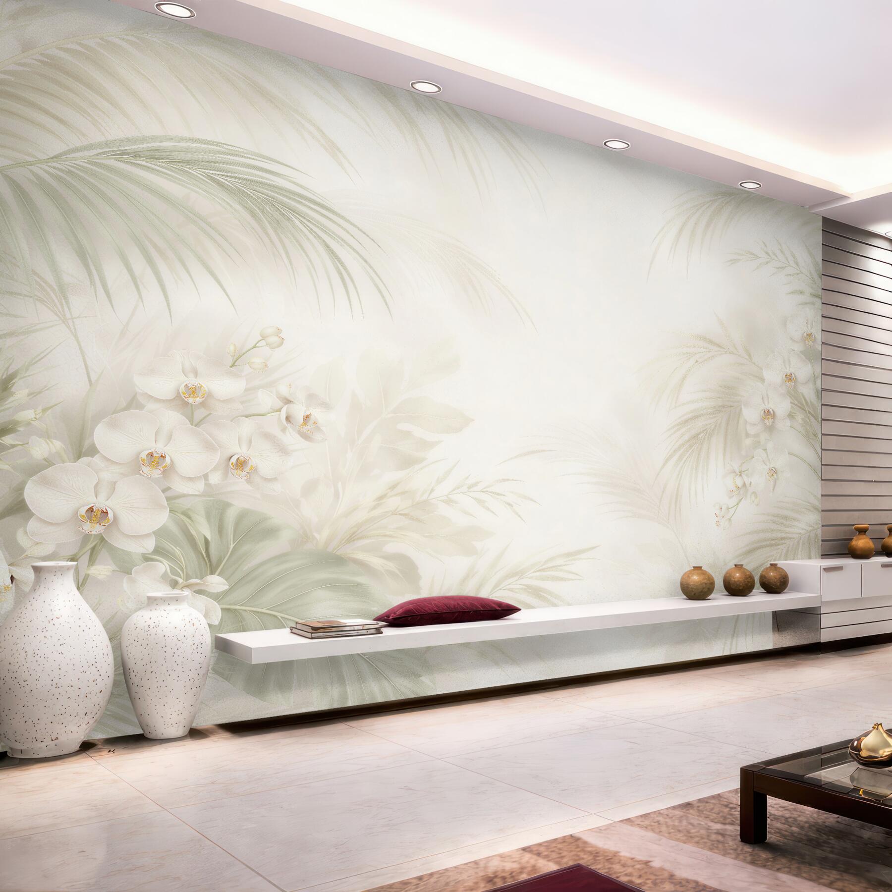 Fototapeten Cremefarbene Orchideen und Palmblätter