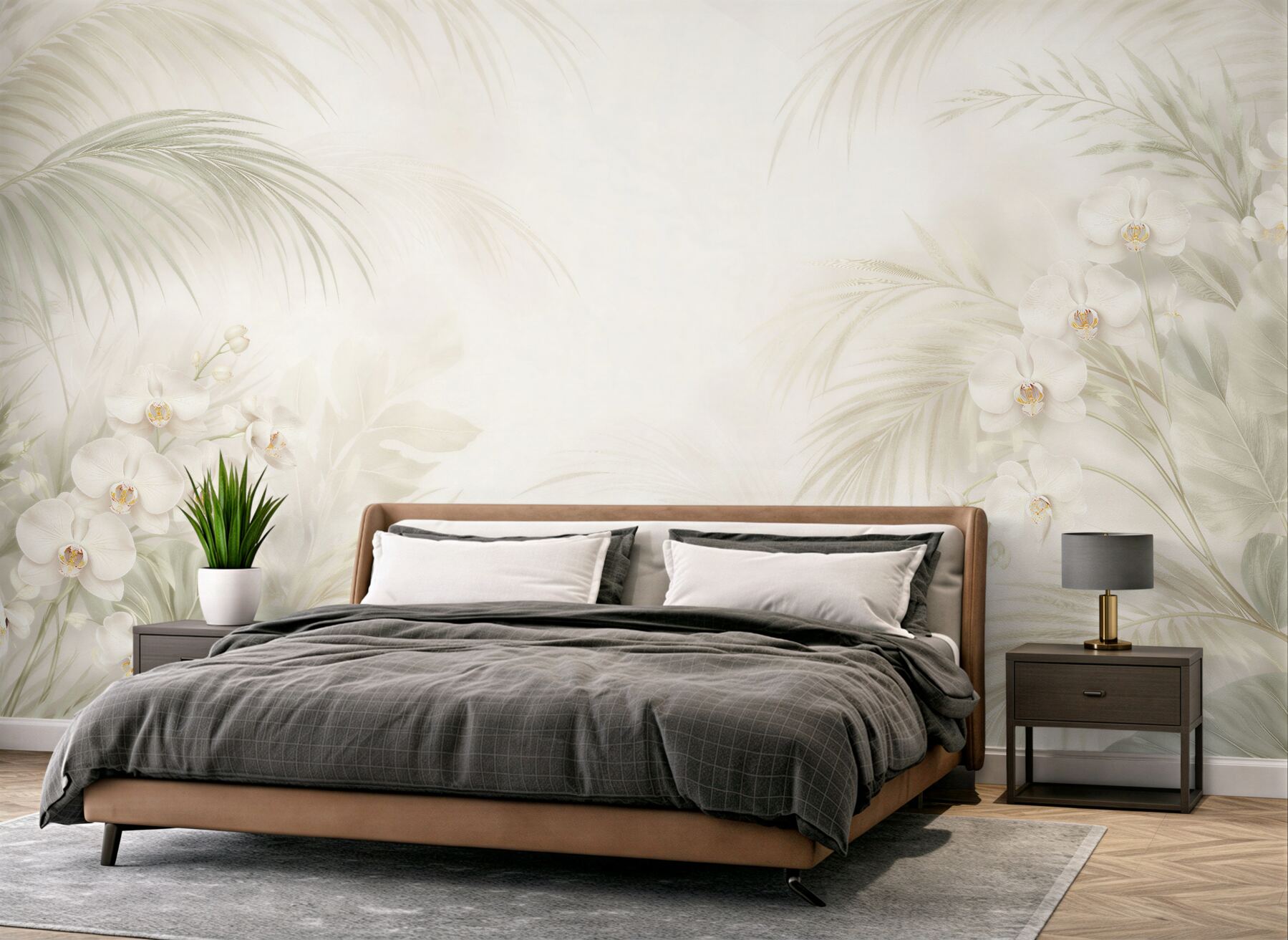 Fototapeten Cremefarbene Orchideen und Palmblätter