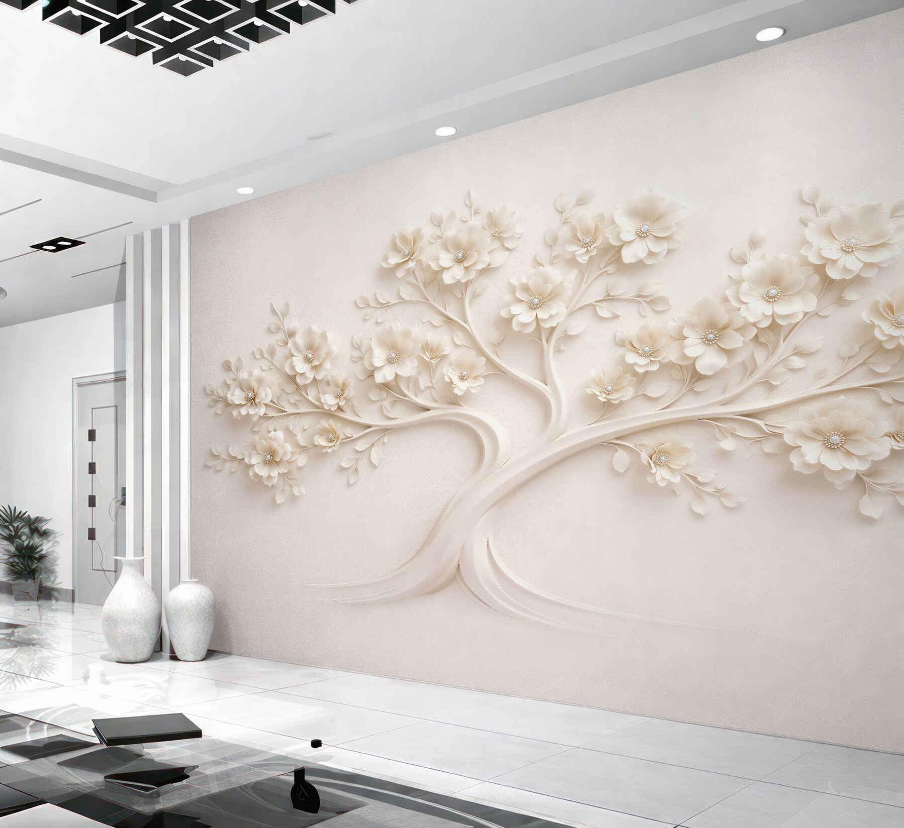 Fototapeten Cremefarbener Baum mit floralem Relief