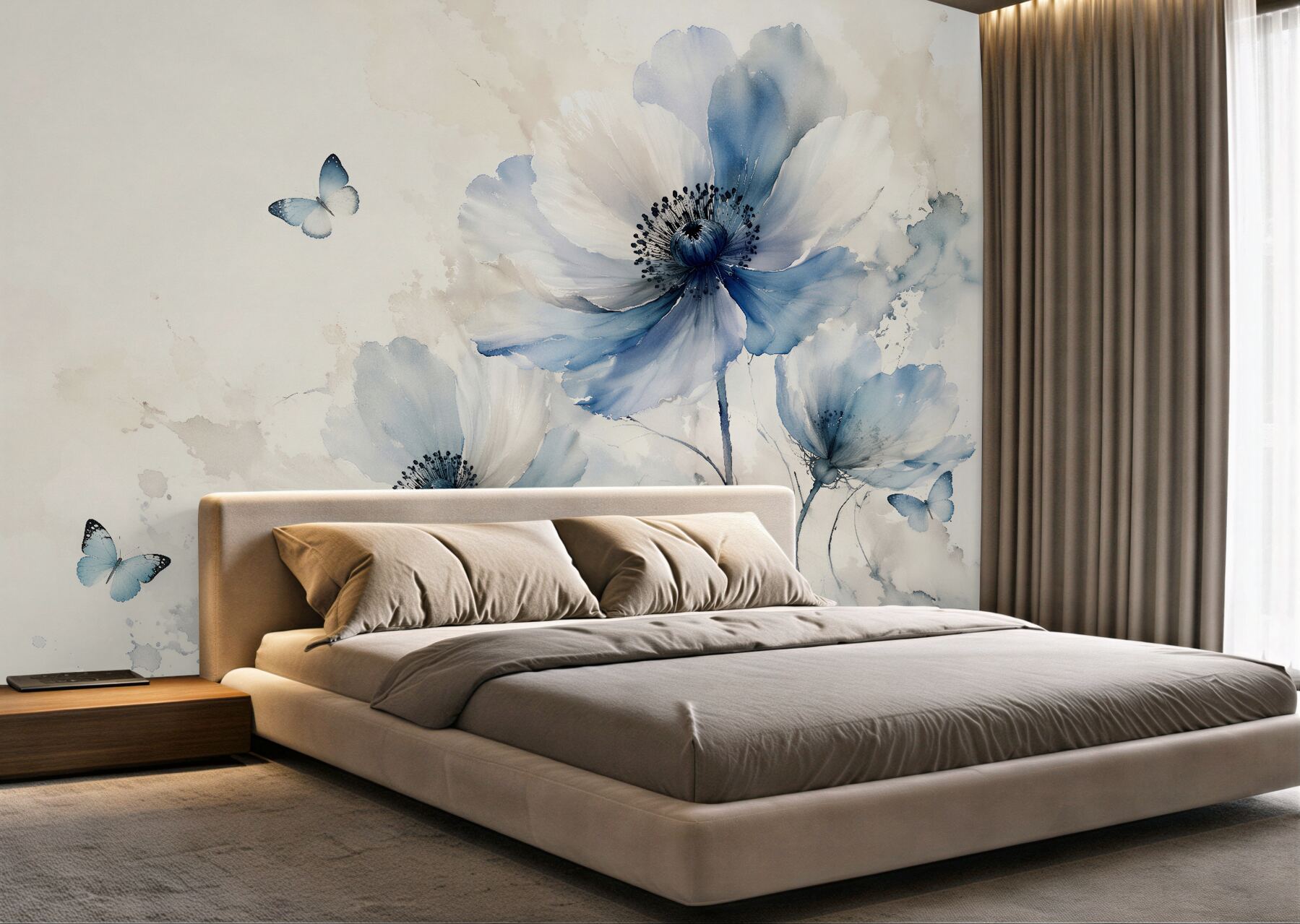 Fototapeten Blaue Mohnblumen mit Schmetterlingen Aquarell