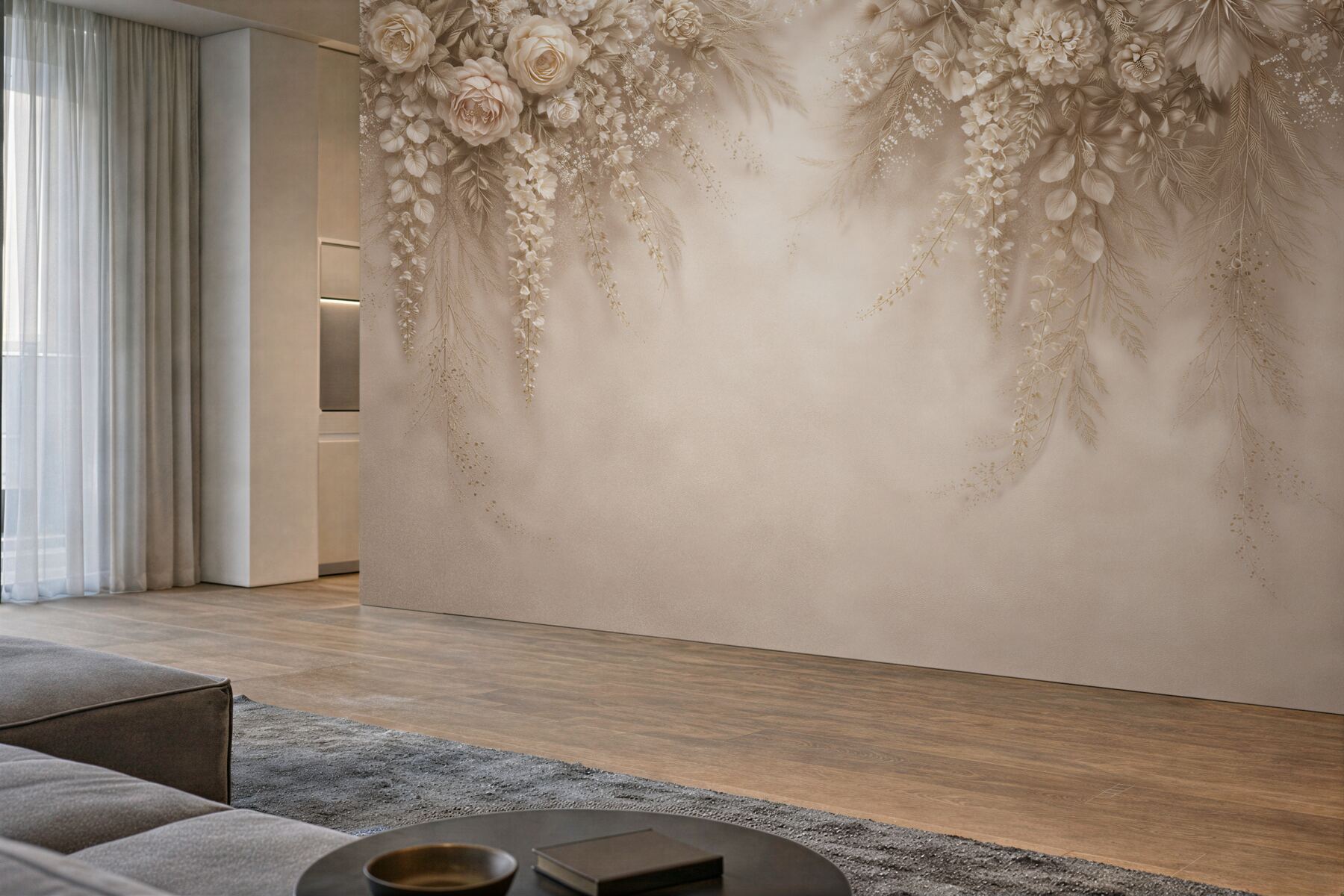 Fototapeten Beige Blumenkaskade im Glamour-Stil