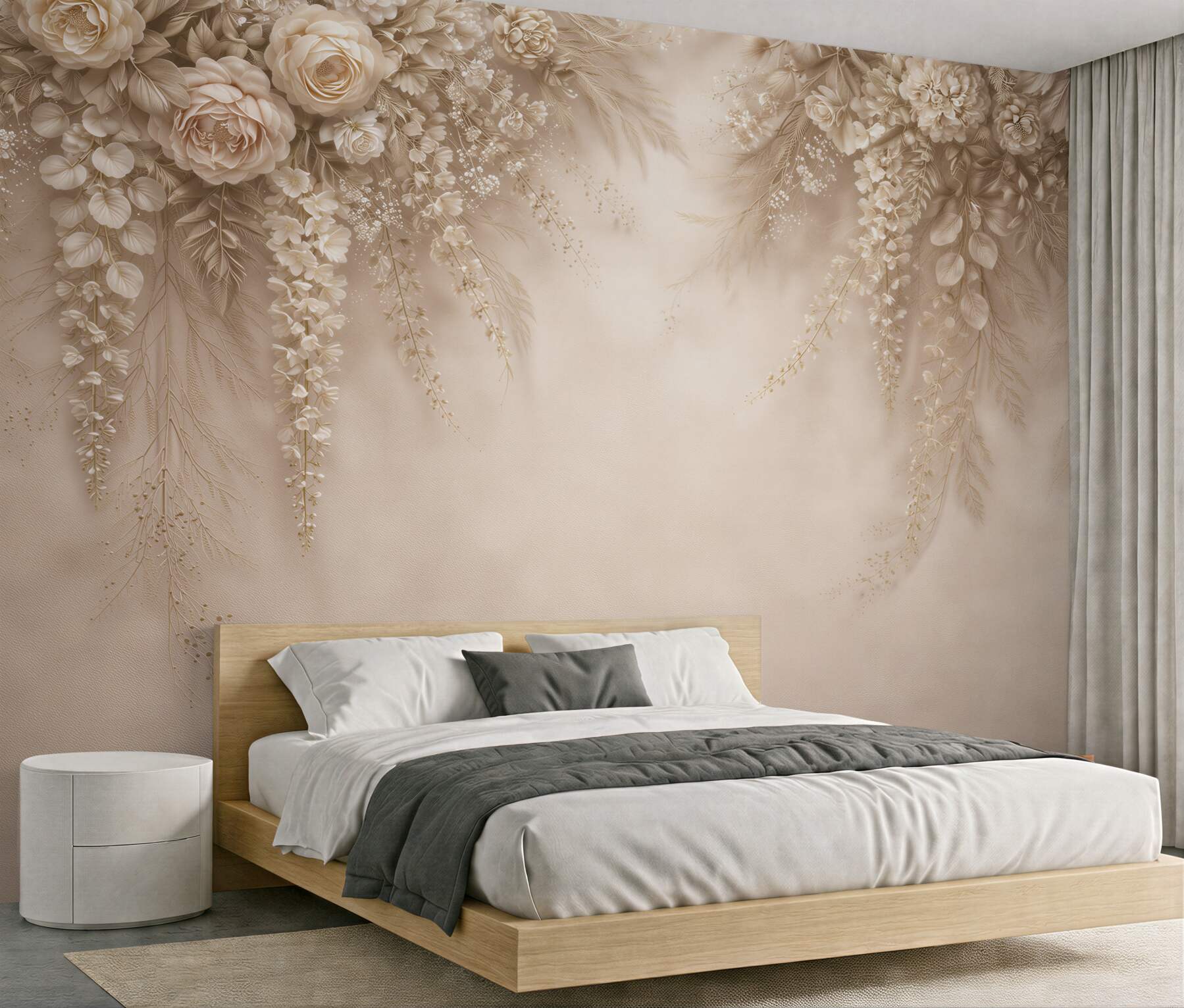 Fototapeten Beige Blumenkaskade im Glamour-Stil