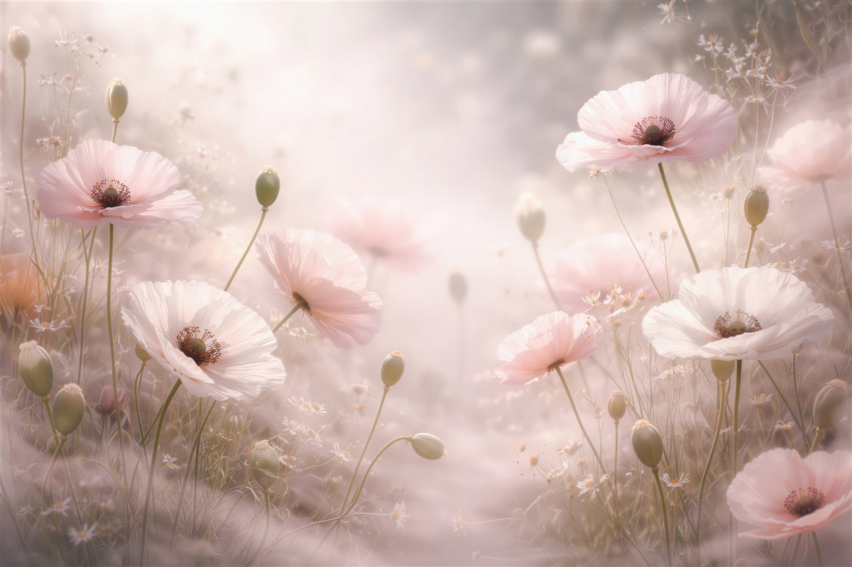 Fototapeten Pudrige Mohnblumen im Morgengrauen