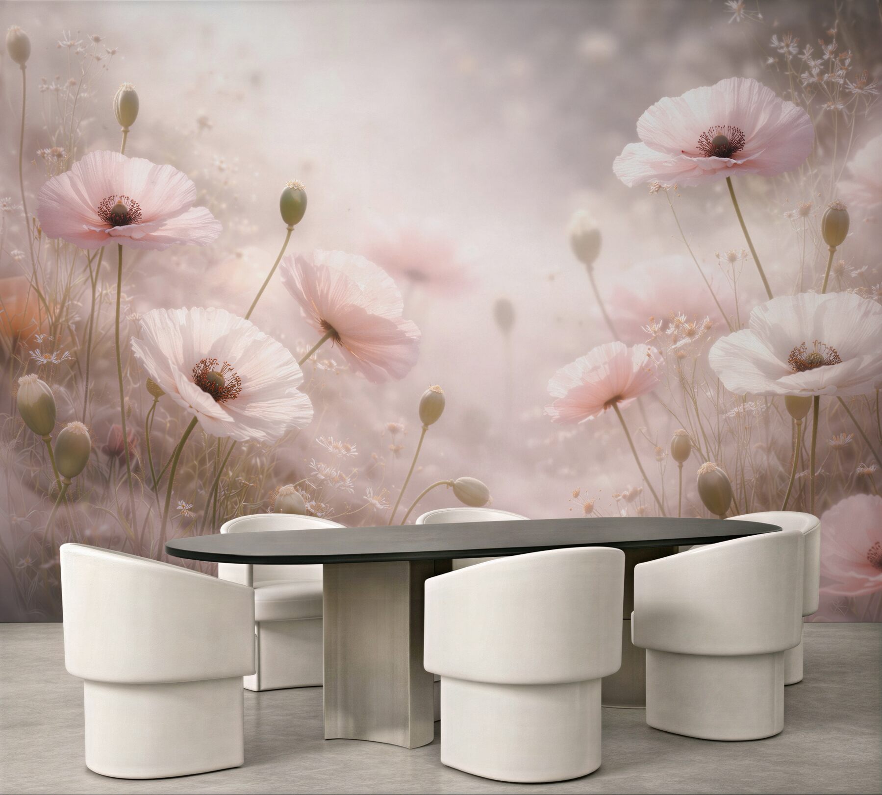 Fototapeten Pudrige Mohnblumen im Morgengrauen