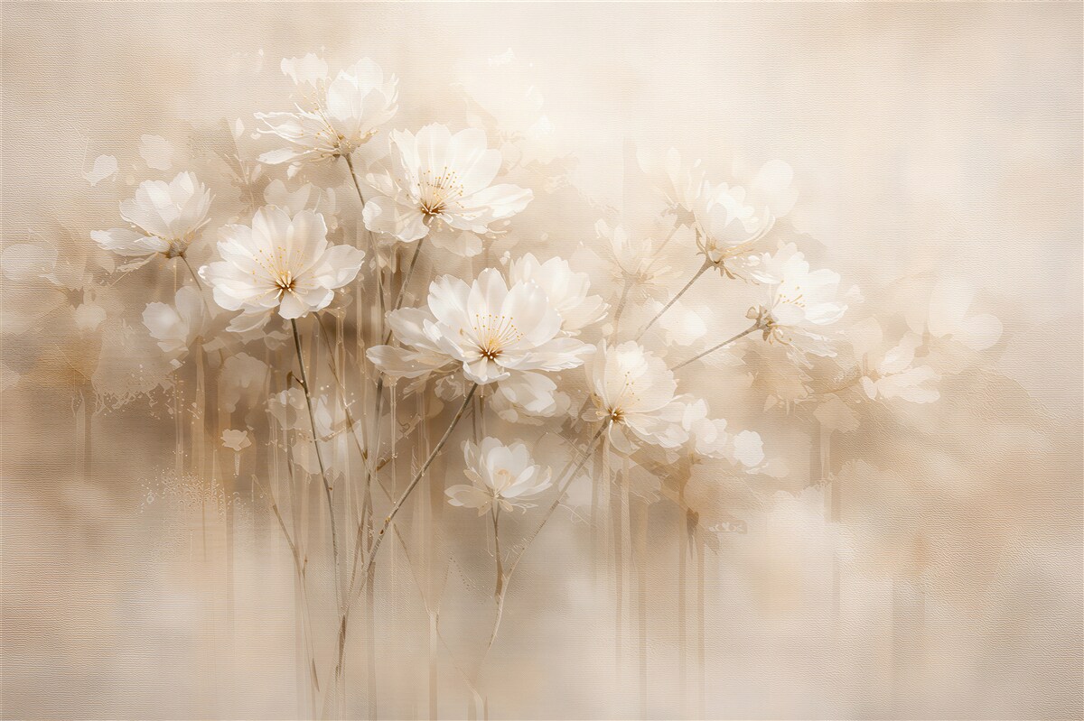 Fototapeten Cremefarbene Blumen im feinen Nebel