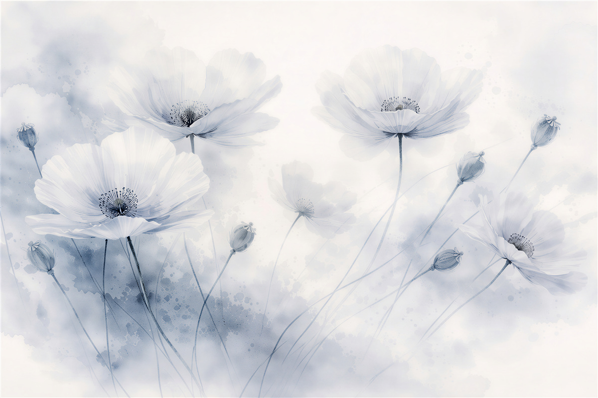 Fototapeten Hellblaue Mohnblumen im Aquarellnebel