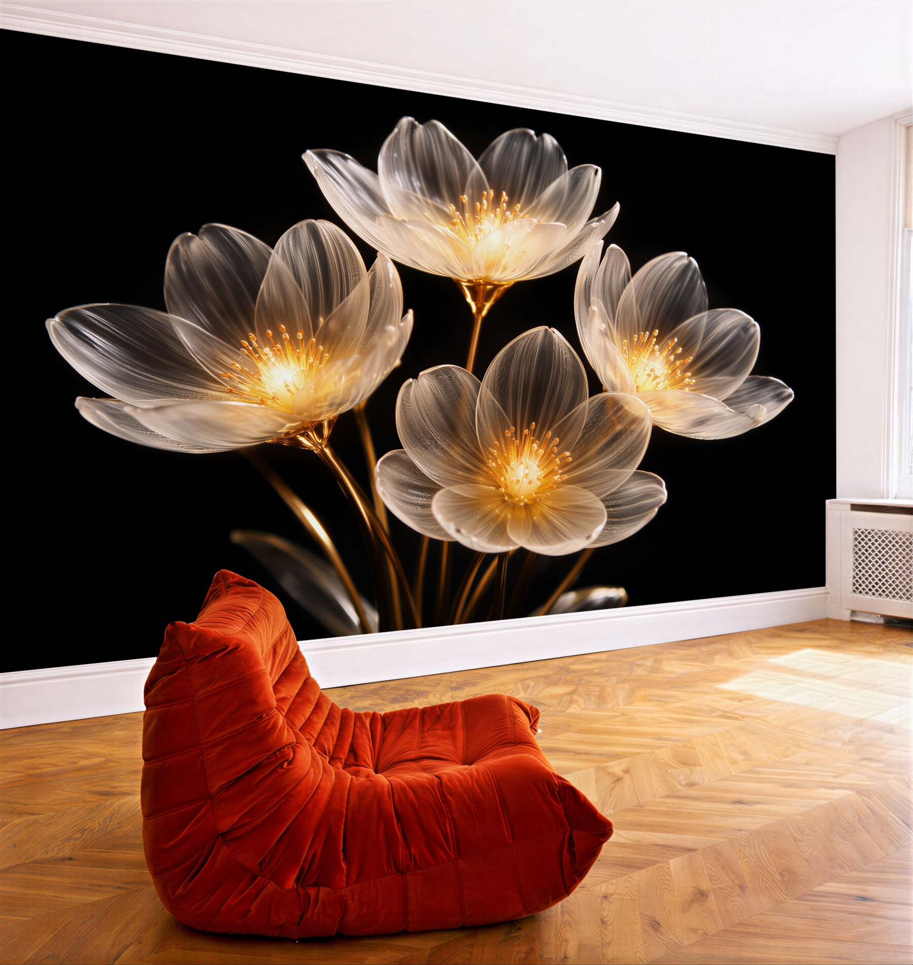 Fototapeten Goldene Glasblumen auf Schwarz