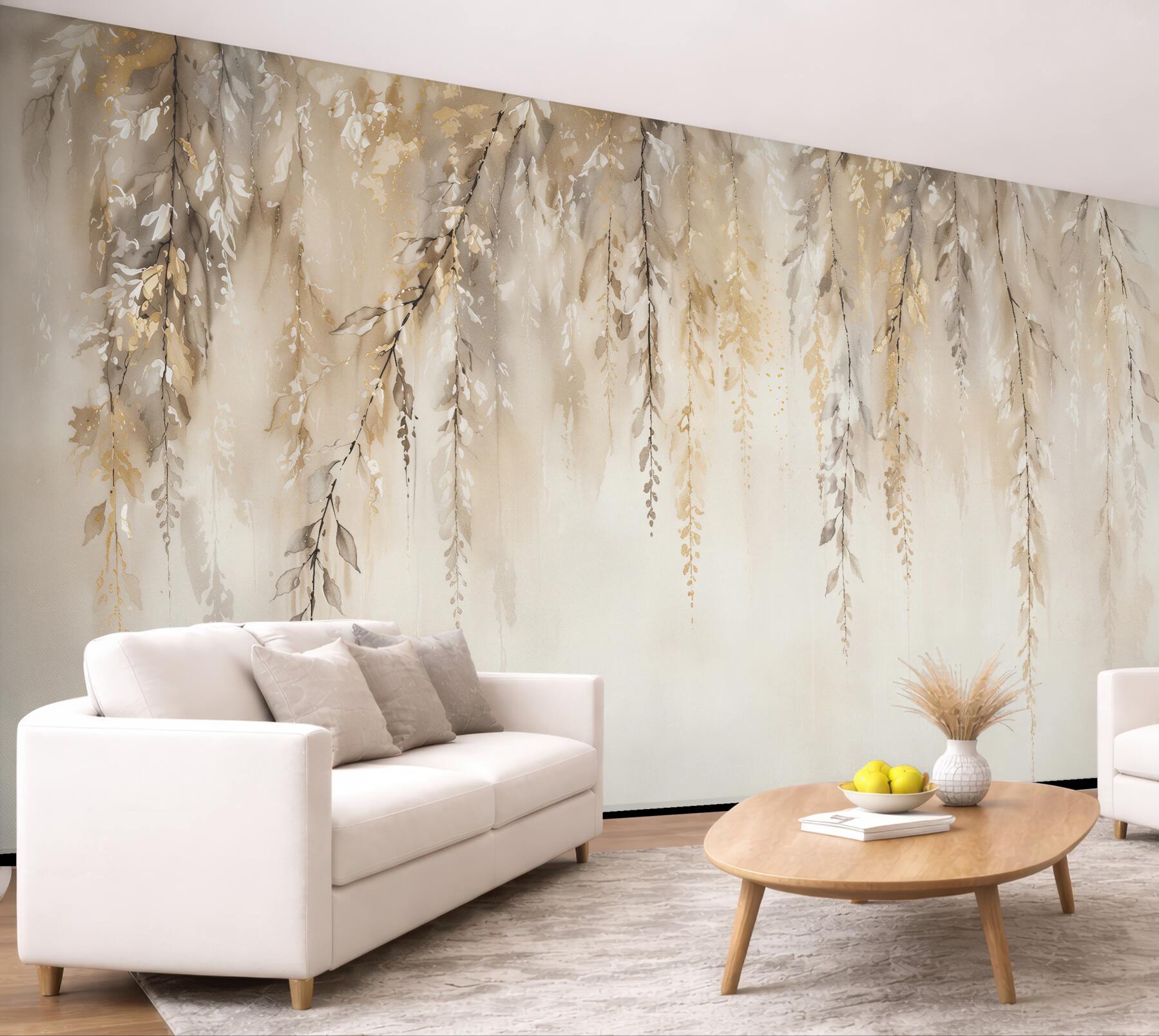 Fototapeten Goldene hängende Zweige in Aquarell