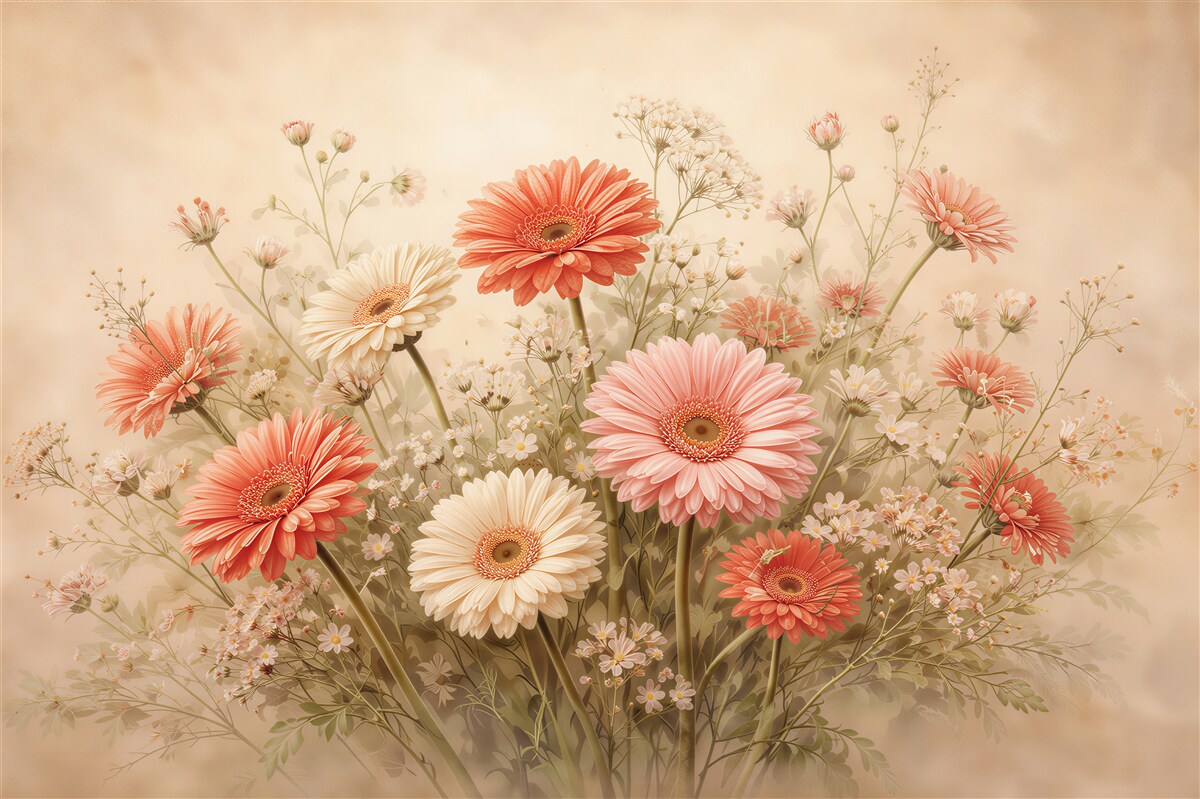 Fototapeten Pastell-Gerbera in einem romantischen Blumenstrauß