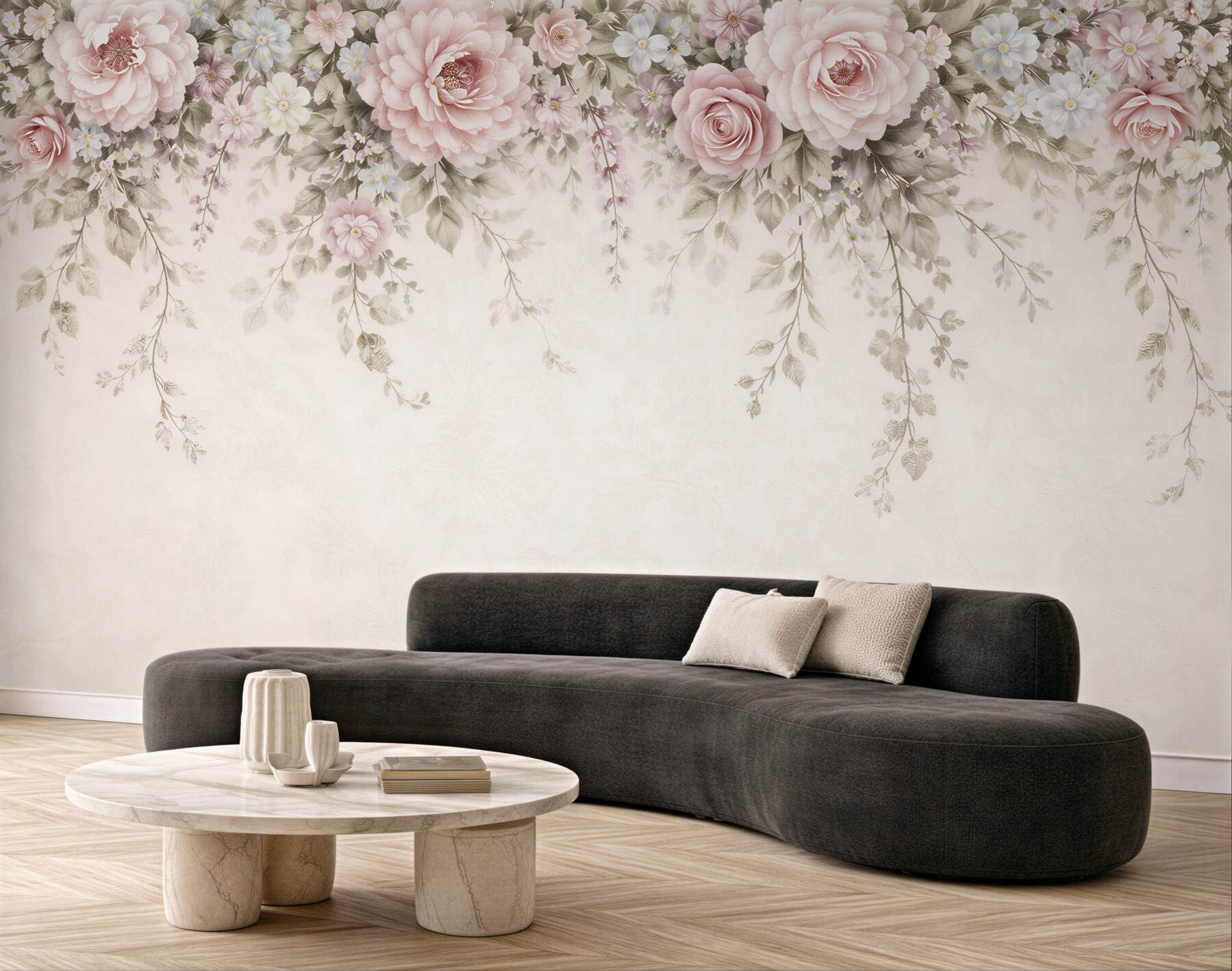 Fototapeten Puderrosa Rosen in romantischer Girlande