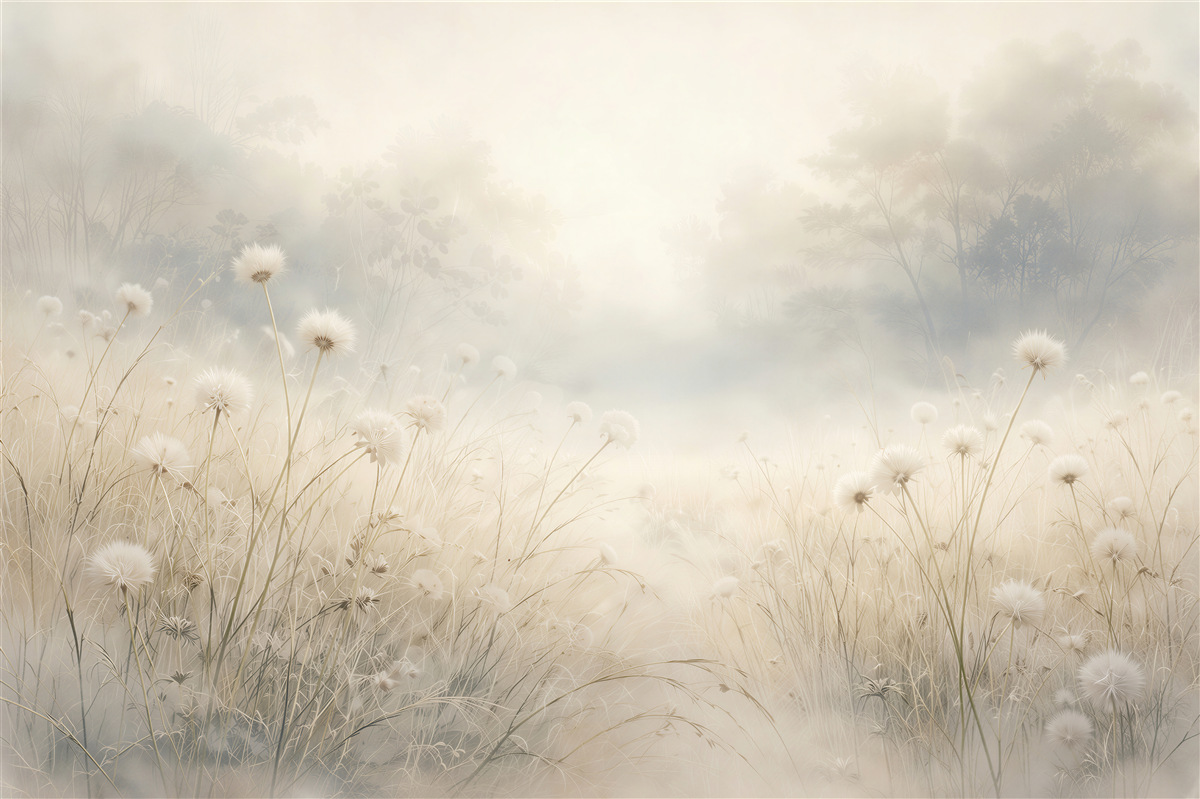 Fototapeten Neblige Wiese mit Pusteblumen