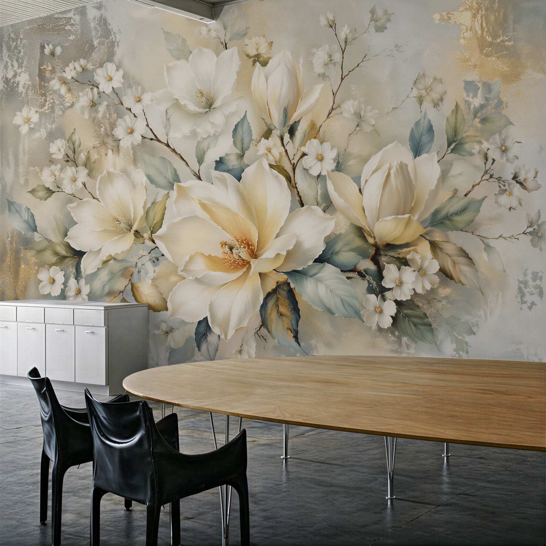 Fototapeten Cremefarbene Magnolien mit Gold