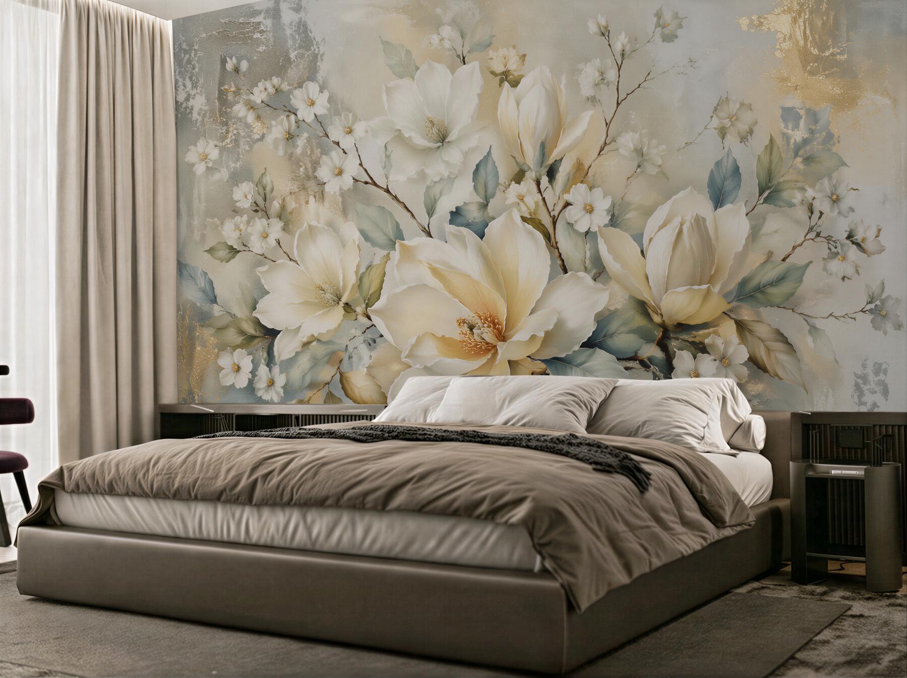 Fototapeten Cremefarbene Magnolien mit Gold