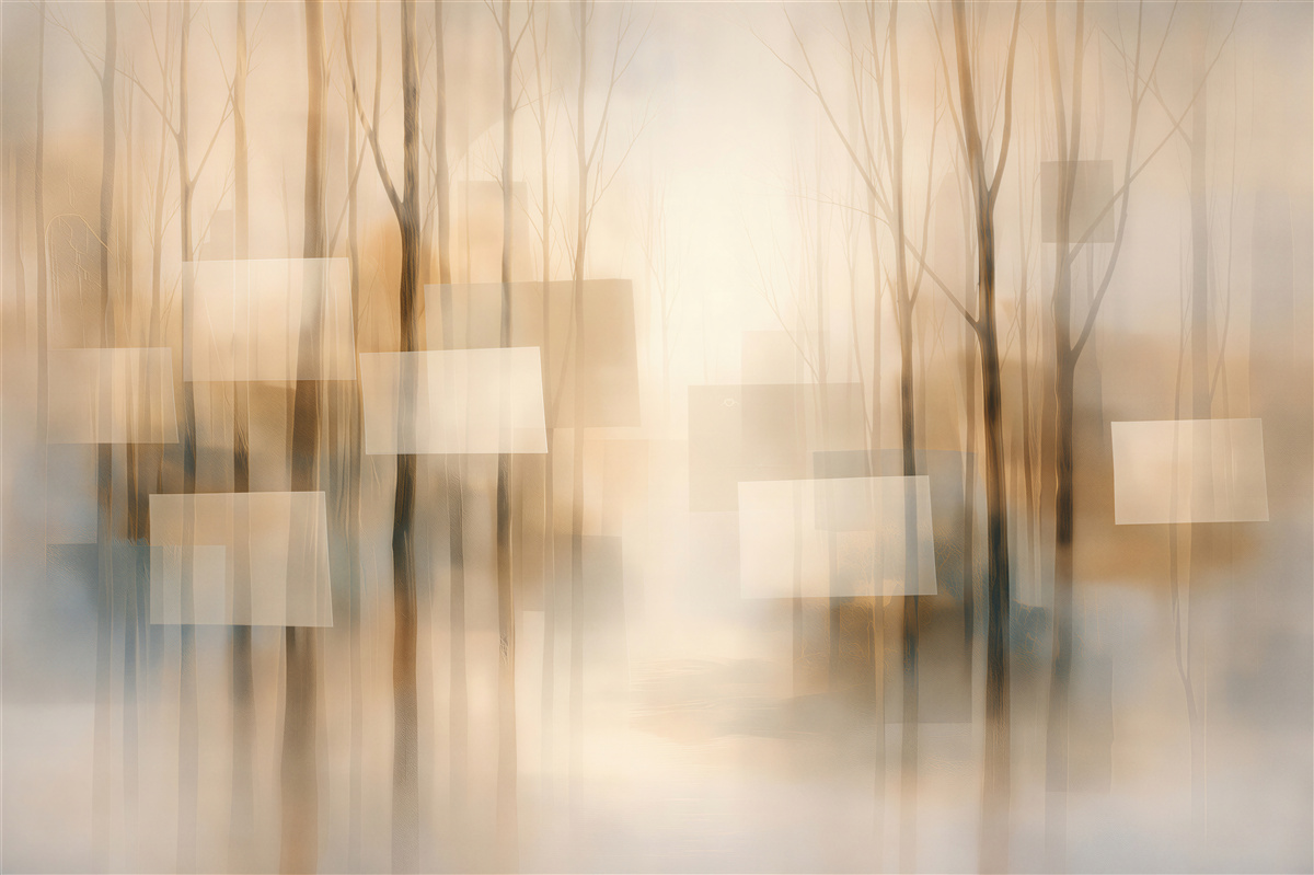 Fototapeten Abstrakter Wald im warmen Nebel