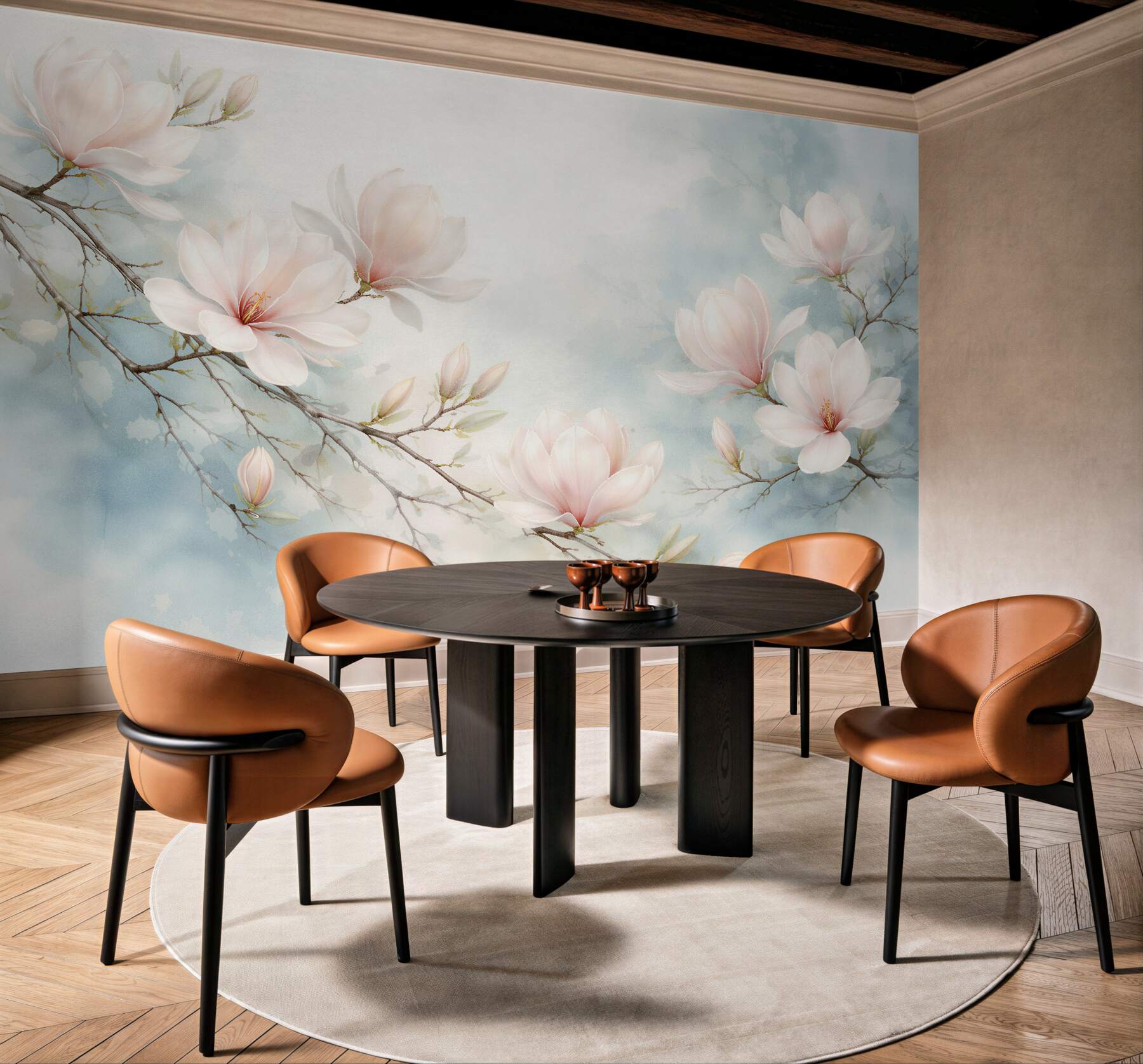 Fototapeten Zarte Magnolien auf blauem Hintergrund