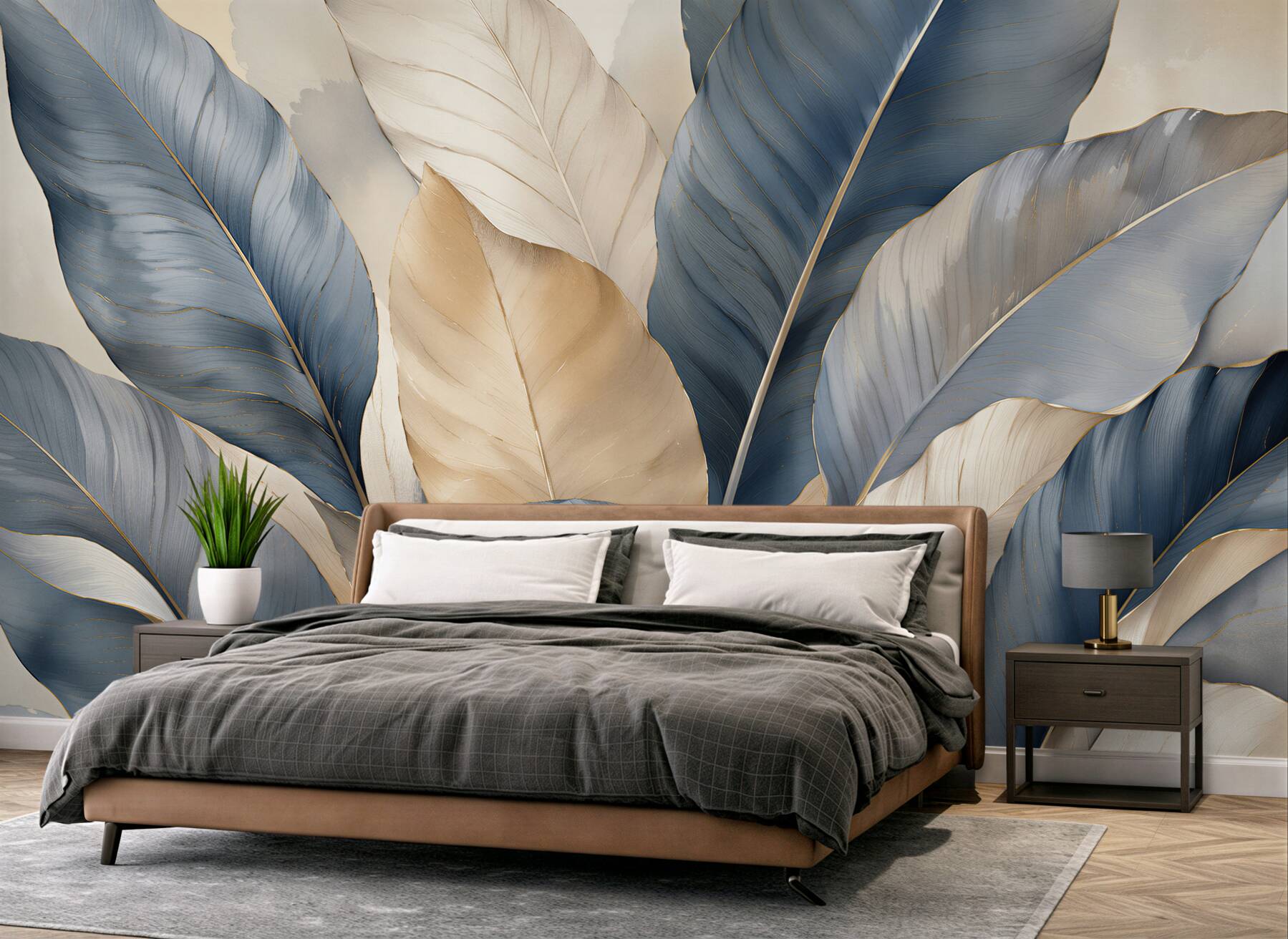 Fototapeten Elegante Blätter in Blau und Beige