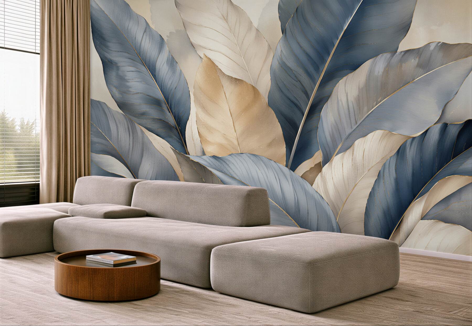 Fototapeten Elegante Blätter in Blau und Beige