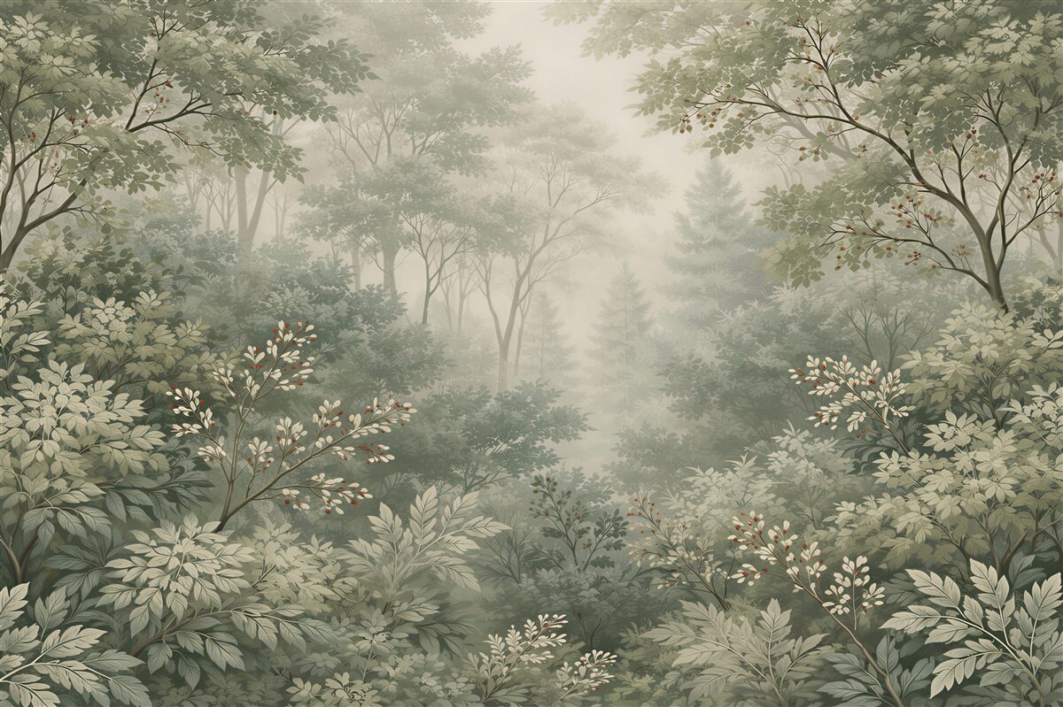 Fototapeten Waldnebel in grüner Stille