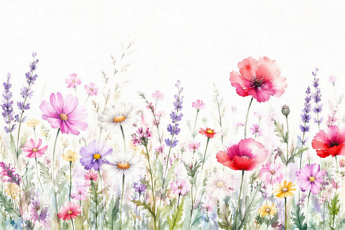 Fototapeten Aquarellwiese mit pastellfarbenen Blumen