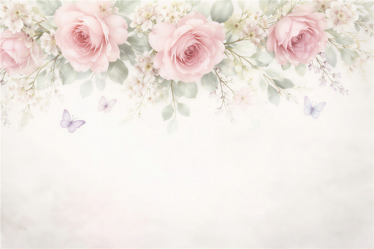 Fototapeten Puderrosa Rosen und Schmetterlinge